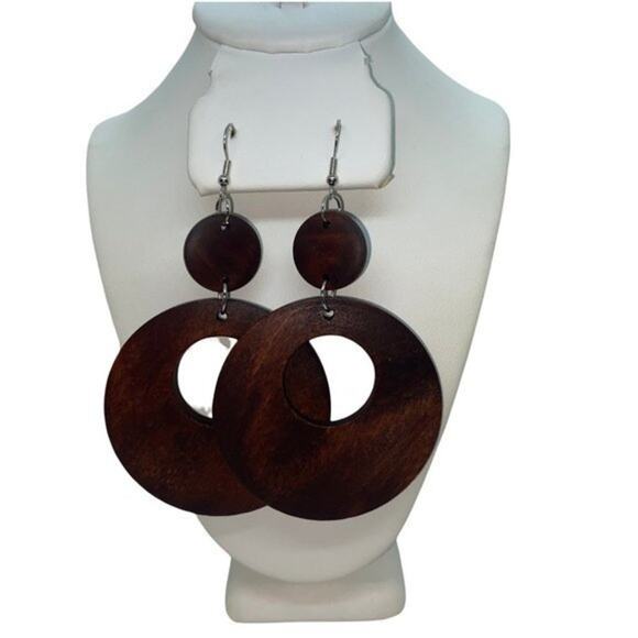 NWT Brown Wood Circle Cut-Out Dangle Statement Earrings - Picture 1 of 5